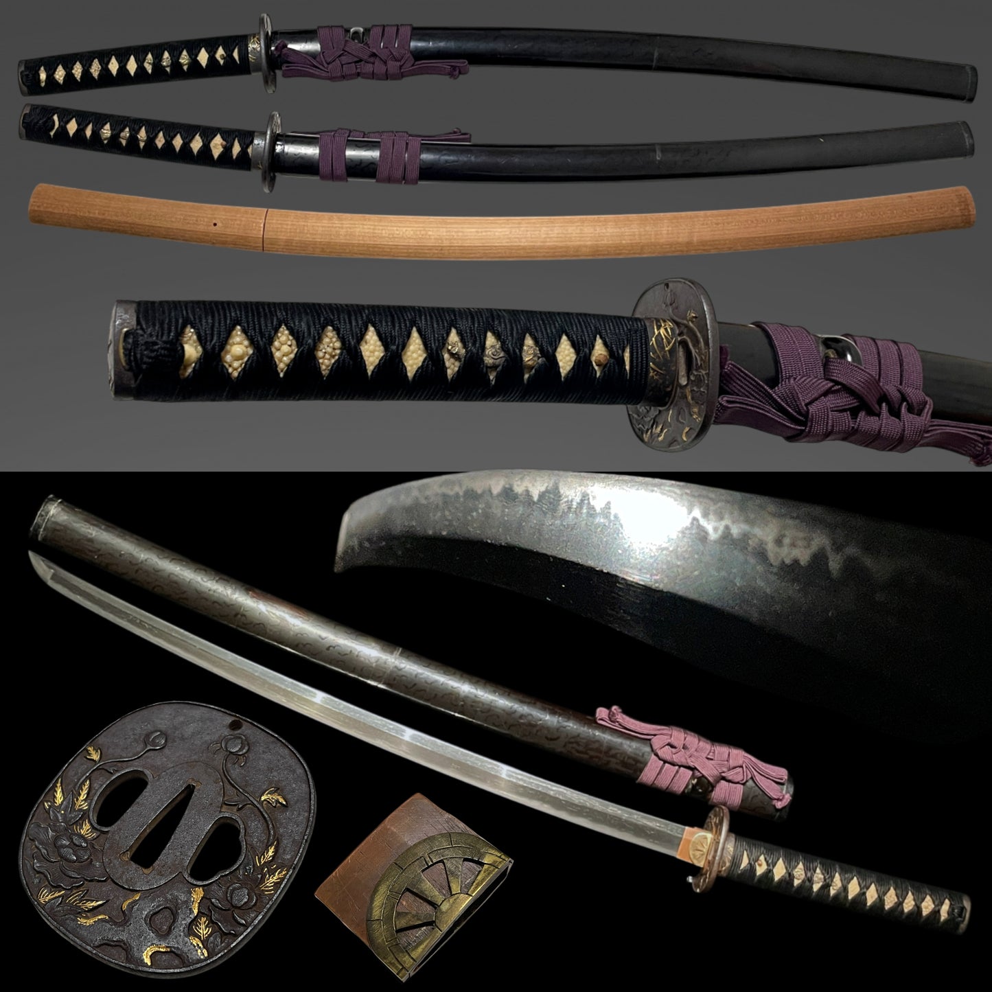 Long Wakizashi with Shirasaya, Peony Tsuba, Waterwheel Habaki, Edo period mumei