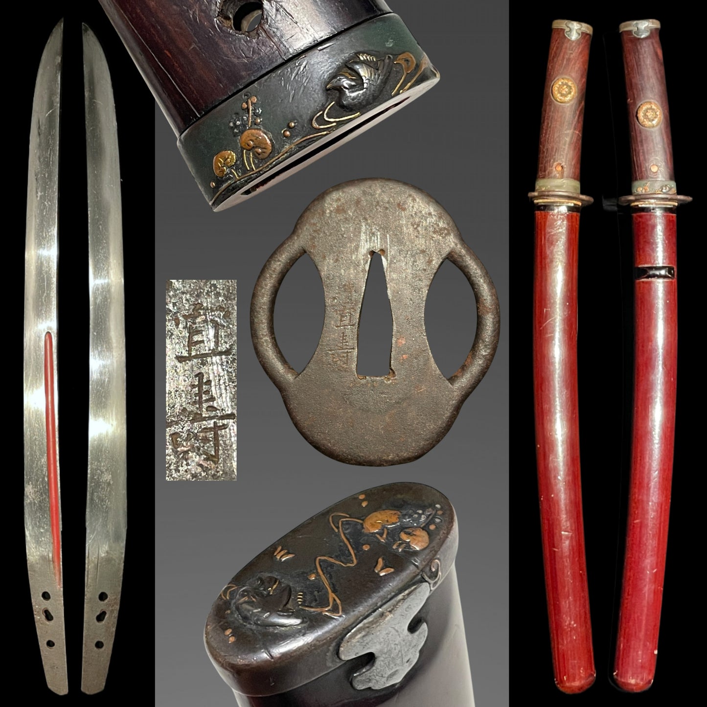 Red Wakizashi, Nobuhisa 宣壽 signed Tsuba, 朱塗腰樋 Red Koshibi, Edo period mumei