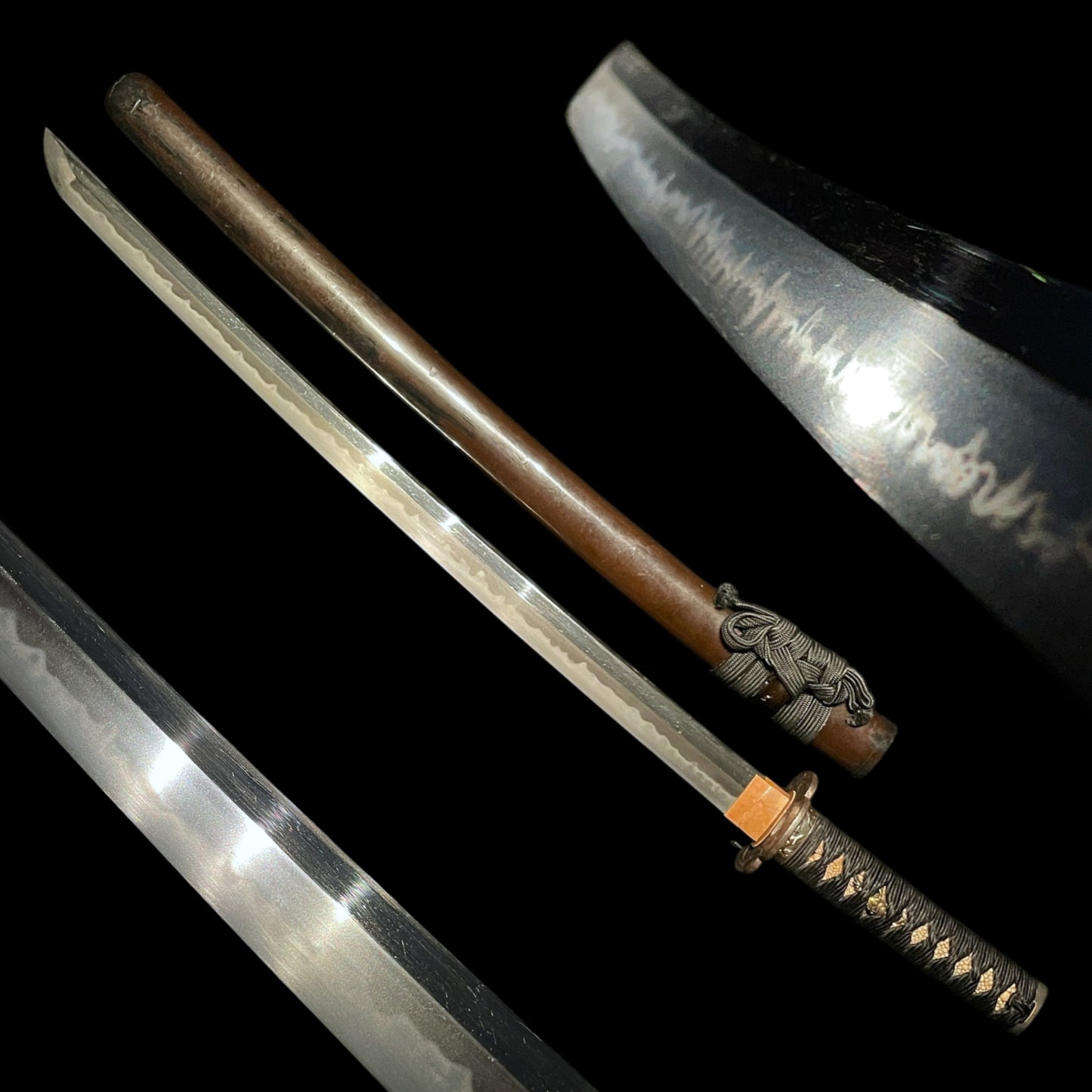 Midareba 乱刃 Long Wakizashi, Heavy blade, Horse Menuki, Edo period mumei