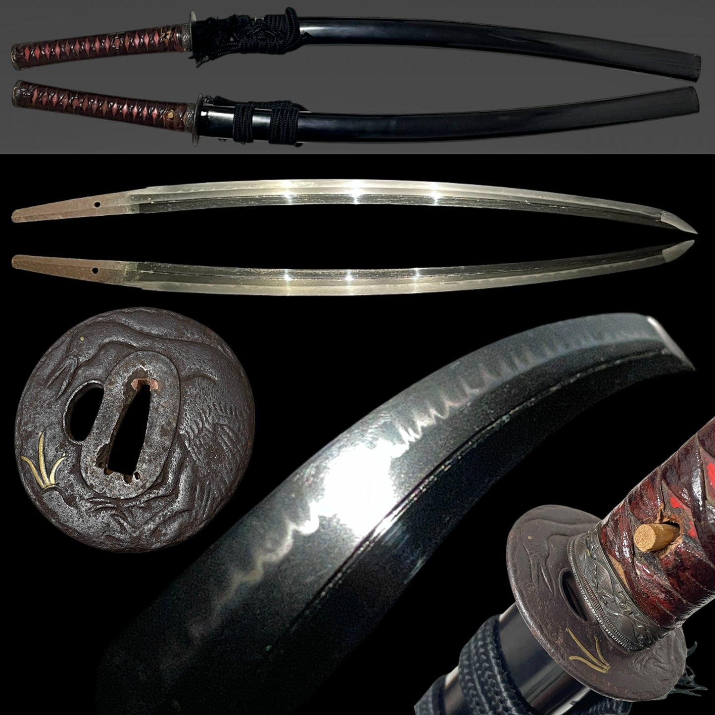 Long Wakizashi, Soebi 添樋, Waterfowl Tsuba, Wave Fuchikashira, Edo period mumei