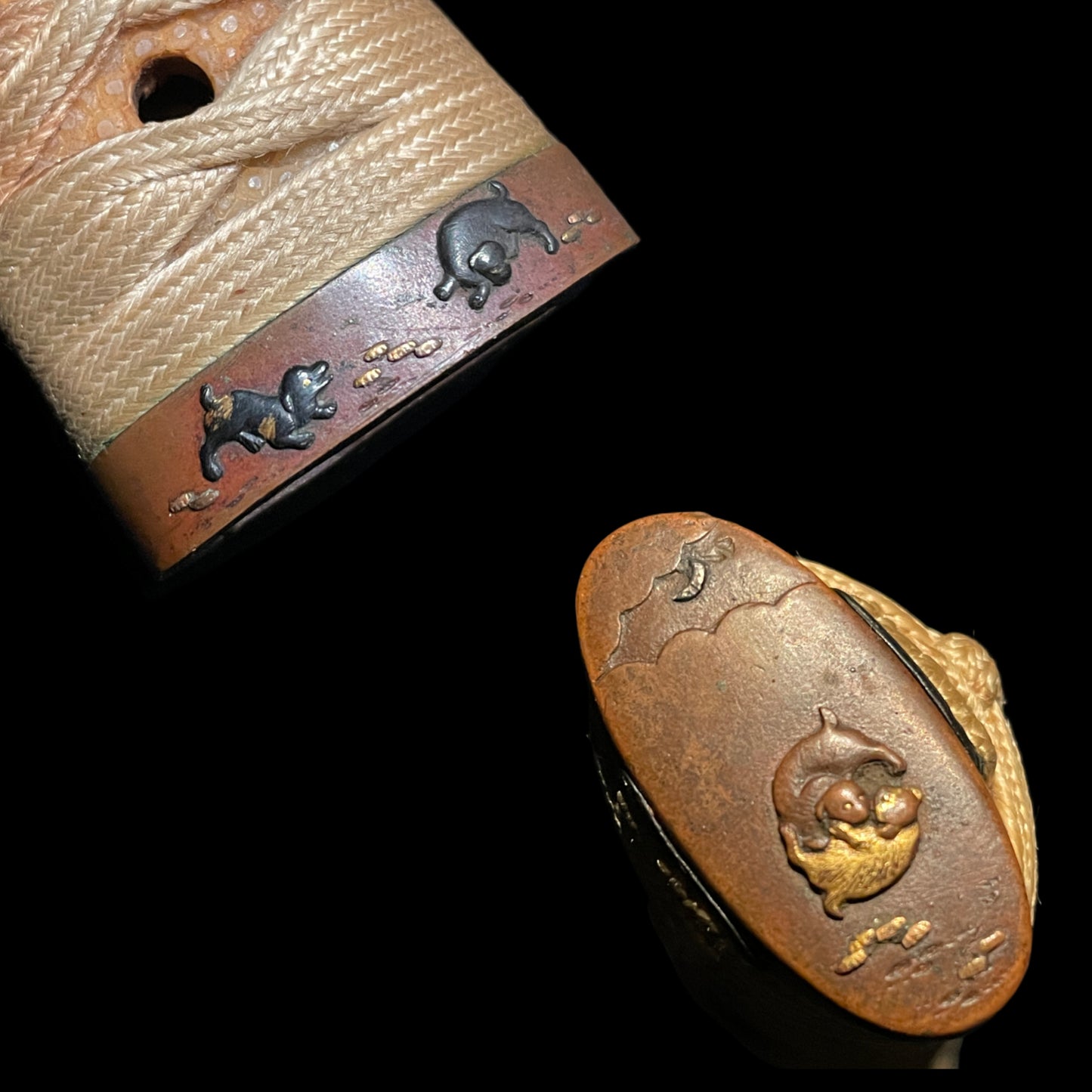 Dog Fittings 犬尽くし Wakizashi, Sgined TSUBA, Edo period mumei