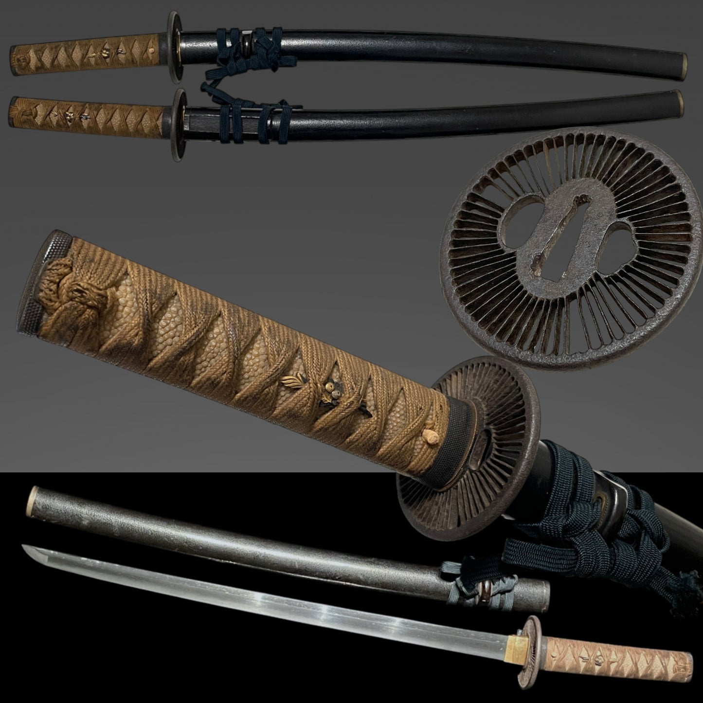Kyosukashi-Tsuba 京透鍔 Long Wakizashi, Shakudo Nanakoji Fuchikashira 赤銅魚々子地縁頭