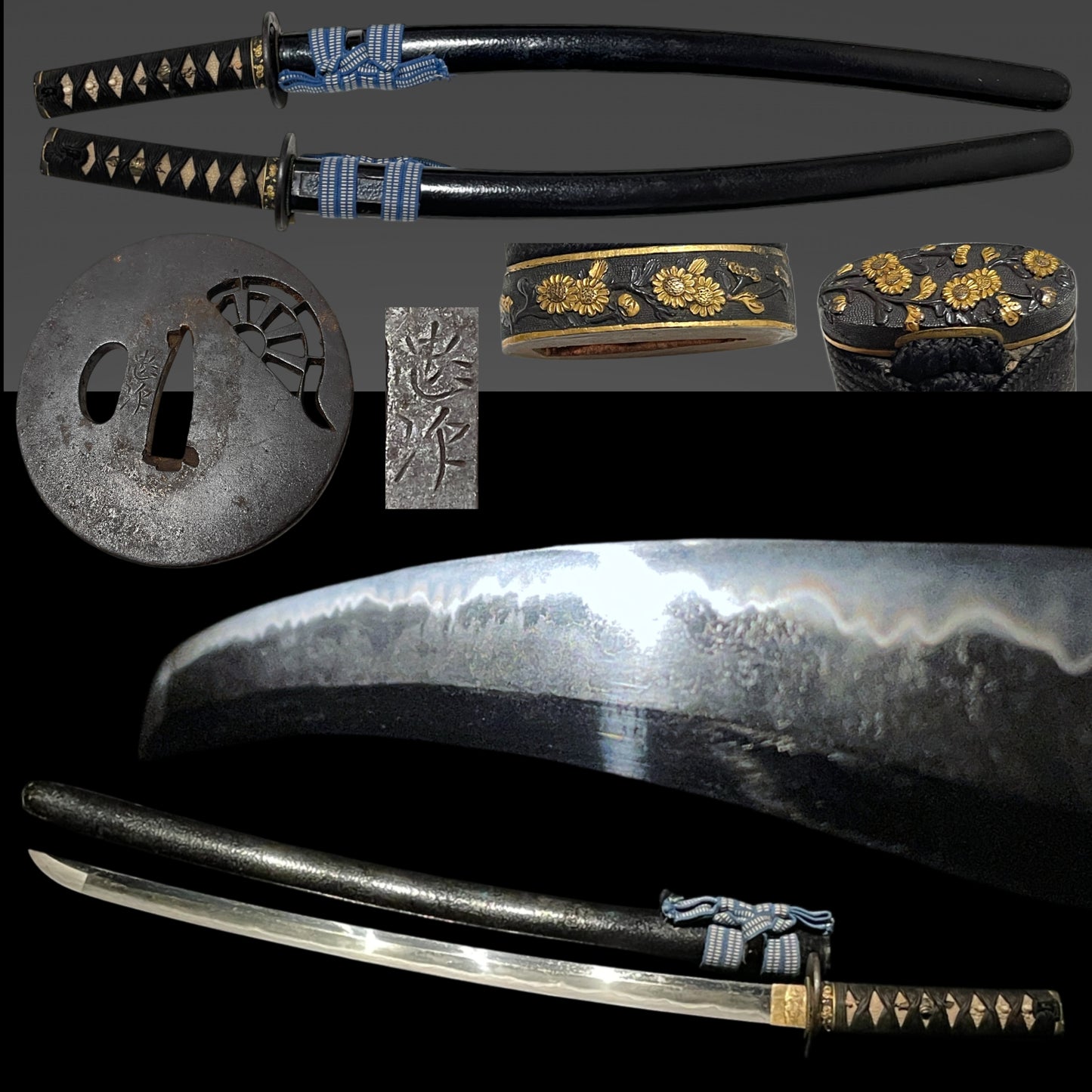 Mino Style Fuchikashira Long Wakizashi, Tadatsugu 忠次 signed Tsuba, Edo peiord mumei