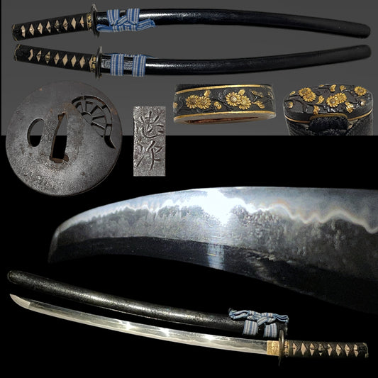 Mino Style Fuchikashira Long Wakizashi, Tadatsugu 忠次 signed Tsuba, Edo peiord mumei