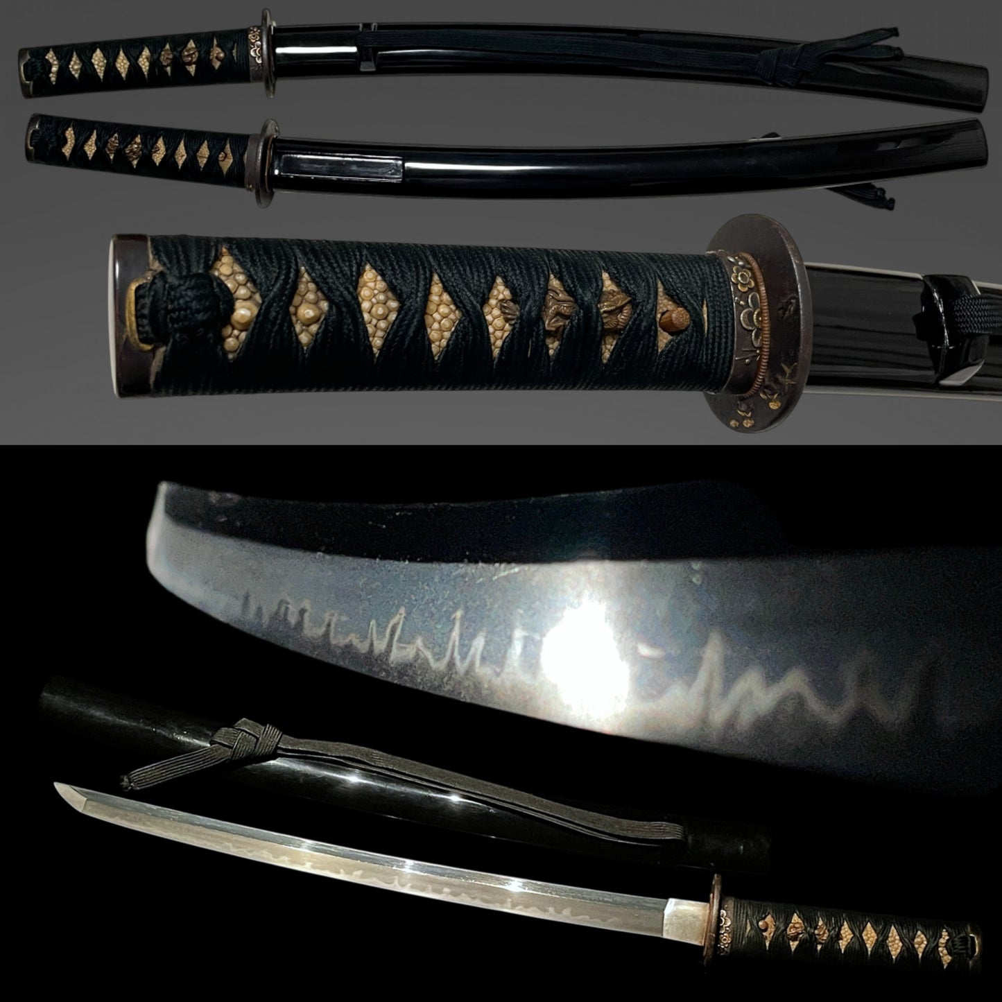 Short Black Wakizashi, Dragon Menuki and Bird Tsuba, Edo period mumei