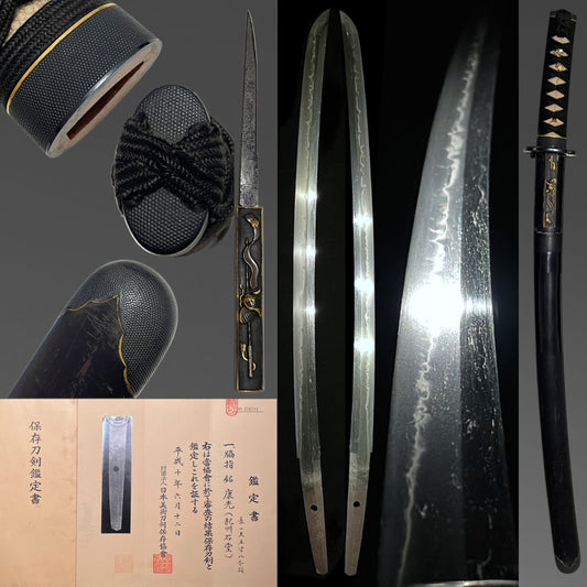 Amazing Hamon Kishu Ishido Yasumitsu 紀州石堂康光 Wakizashi, Shakudo nanako Fittings