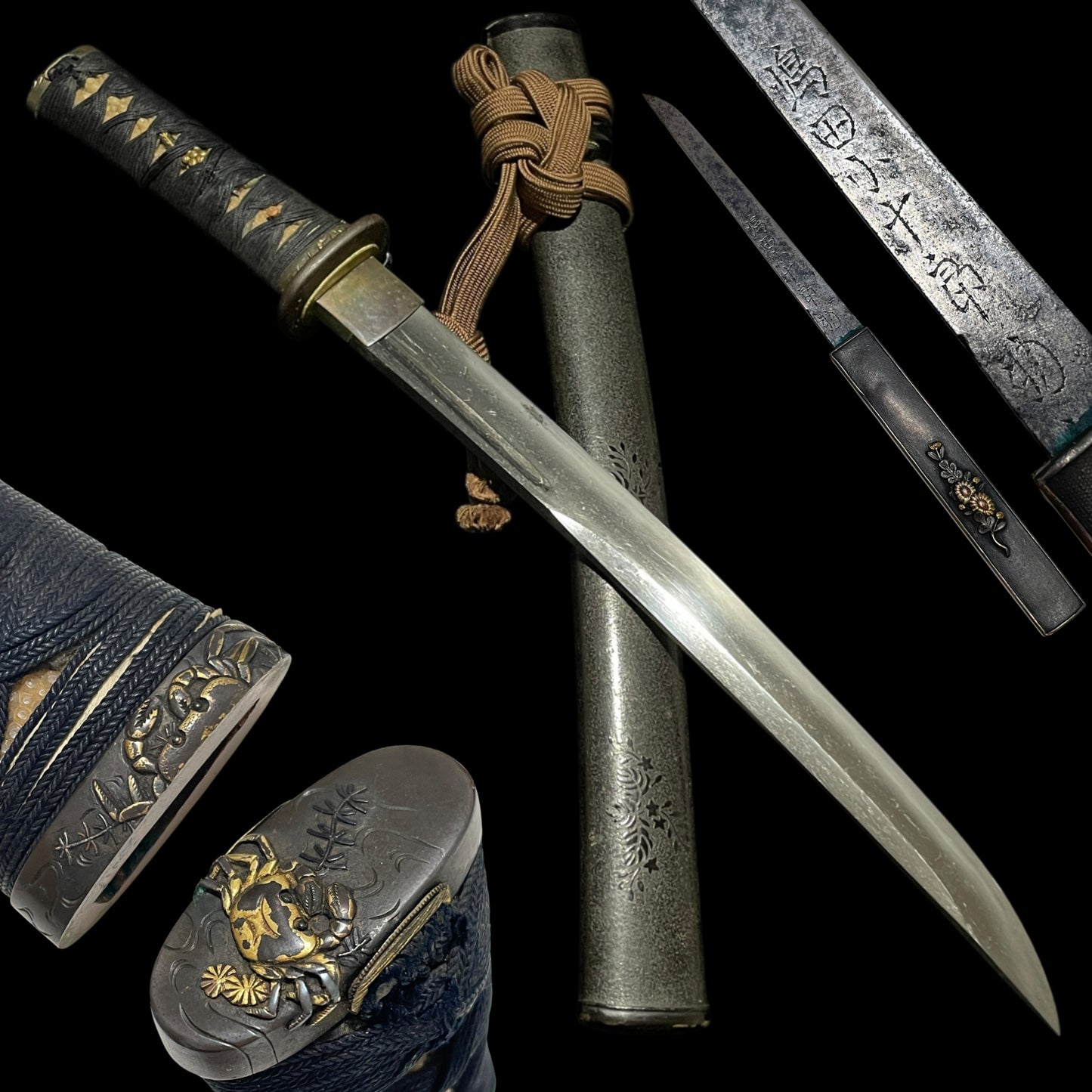Unokubi-Zukuri 鵜首造 Wakizashi, Crab Fuchikashira, Signed Kozuka, Edo period mumei