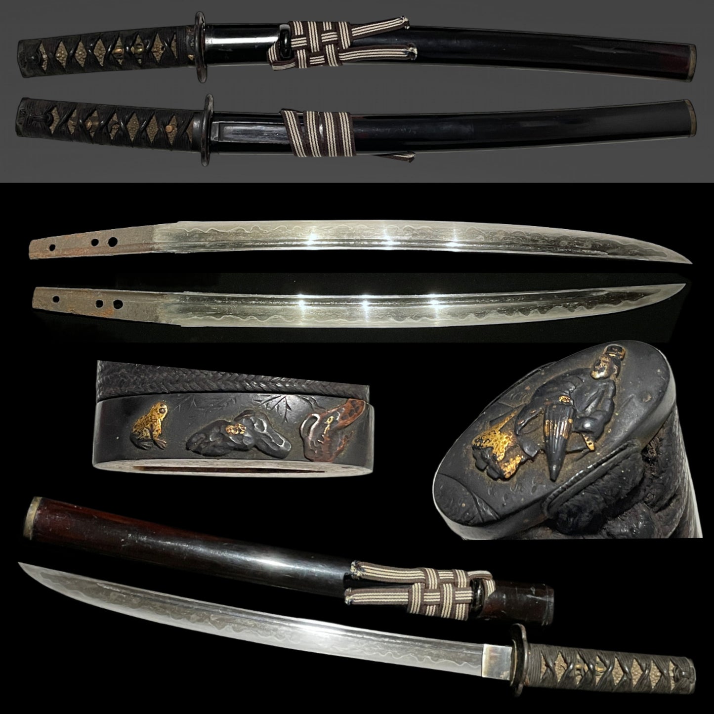 Hirazukuri Wakizashi, Frogs and Willows Fuchi, Bohi 棒樋 blade, Muromachi period mumei