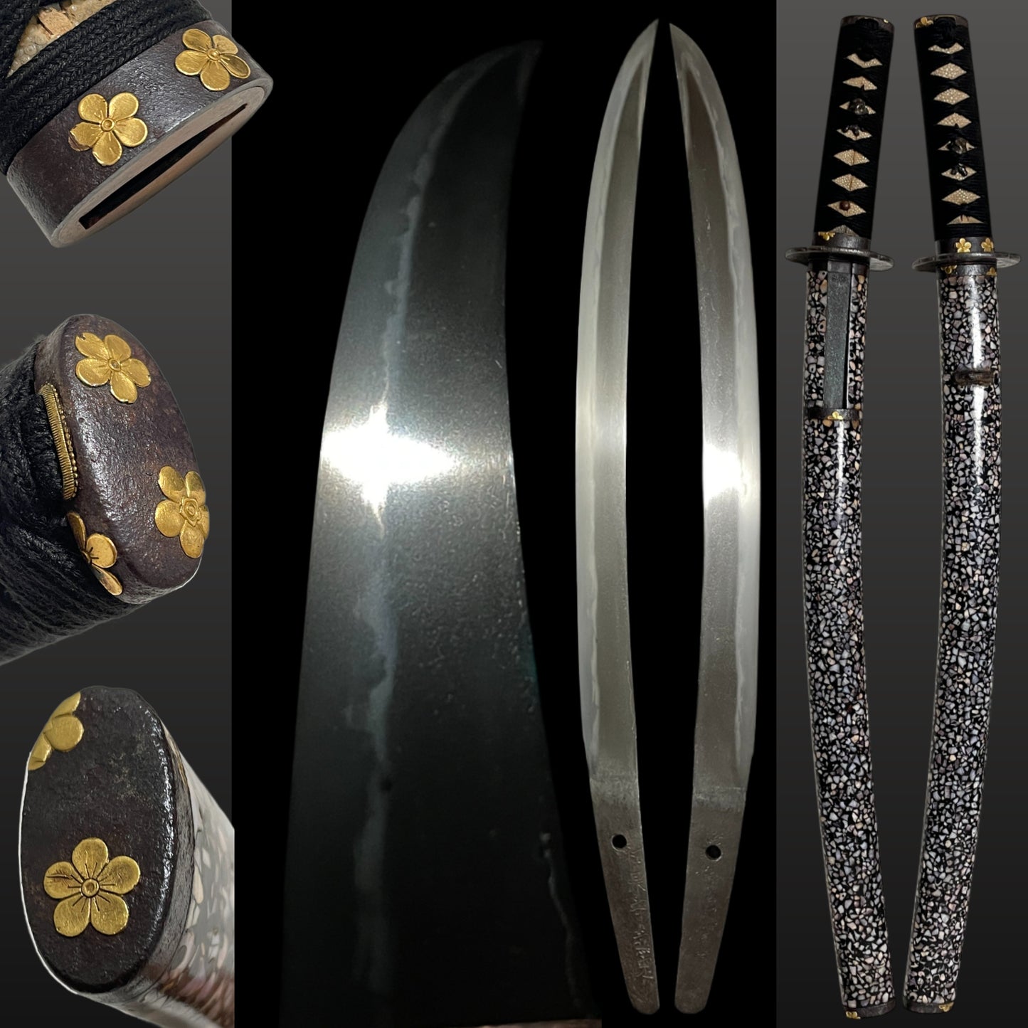 Radensaya 螺鈿鞘 Wide Hirazukuri Wakizashi, Izuminokami Kanesada signed, Plum Fittings
