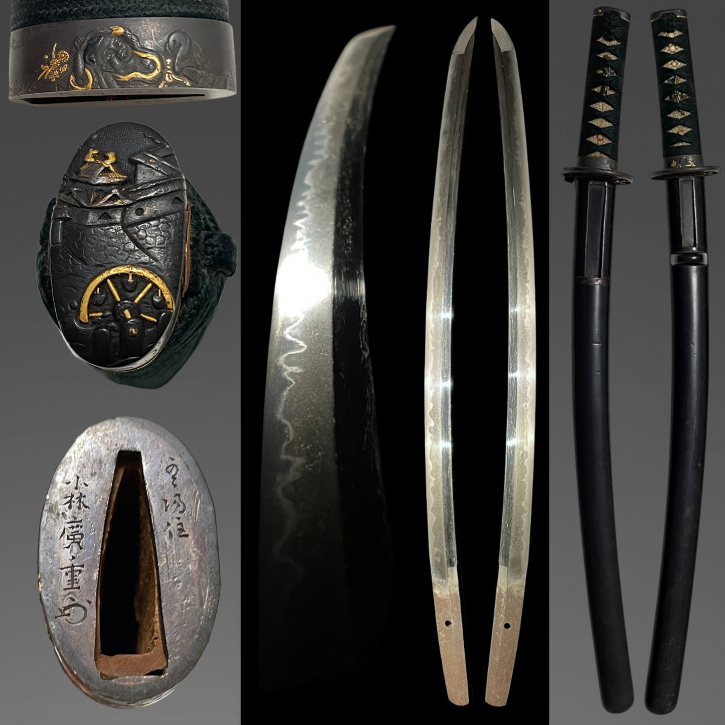 Stunning Hamon Black Wakizashi, Kobayashi Hiroshige 小林廣重 signed Fuchi, Edo period mumei