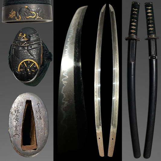 Stunning Hamon Black Wakizashi, Kobayashi Hiroshige 小林廣重 signed Fuchi, Edo period mumei