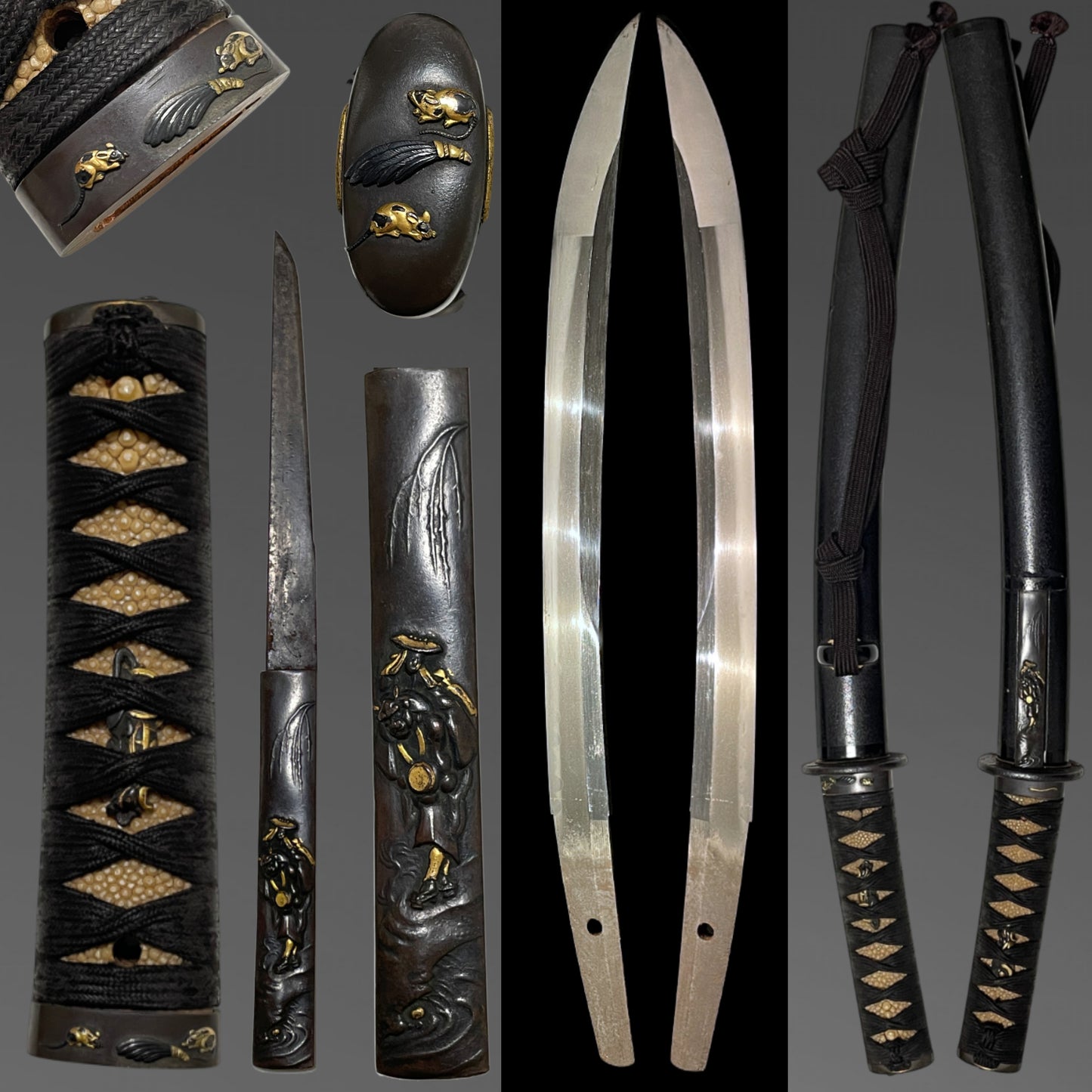 Ookissaki 大切先 Wakizashi, Mouse Fuchikashira 羽箒鼠縁頭, Yanagioni Kozuka, Edo period mumei