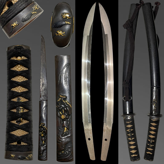 Ookissaki 大切先 Wakizashi, Mouse Fuchikashira 羽箒鼠縁頭, Yanagioni Kozuka, Edo period mumei
