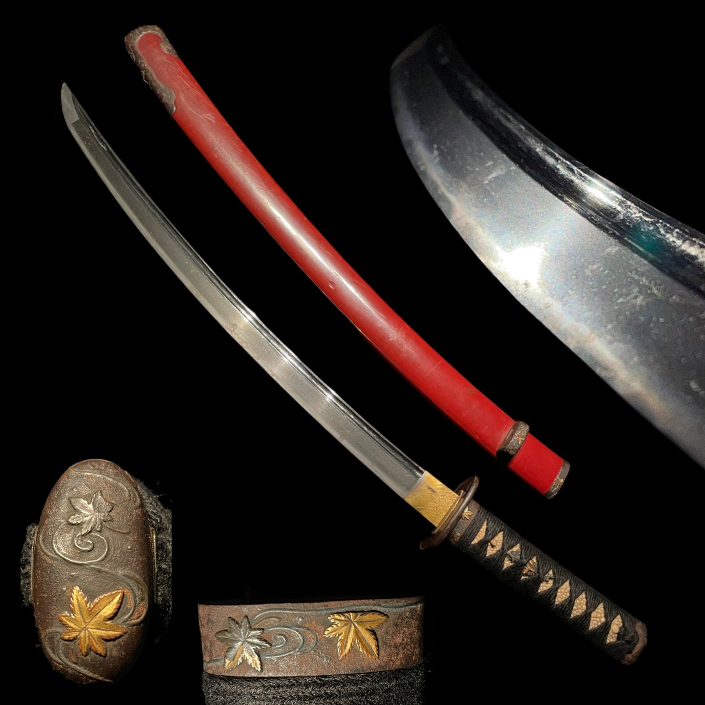 Red Wakizashi, Soshu 相州 signed, 流水に紅葉  Fittings, Plum TSUBA