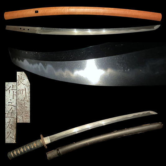 Toranba 濤乱刃 WAKIZASHI, Choshuhagiju Sakunoshin Tomohisa 長州萩住作之進友久 signed TSUBA