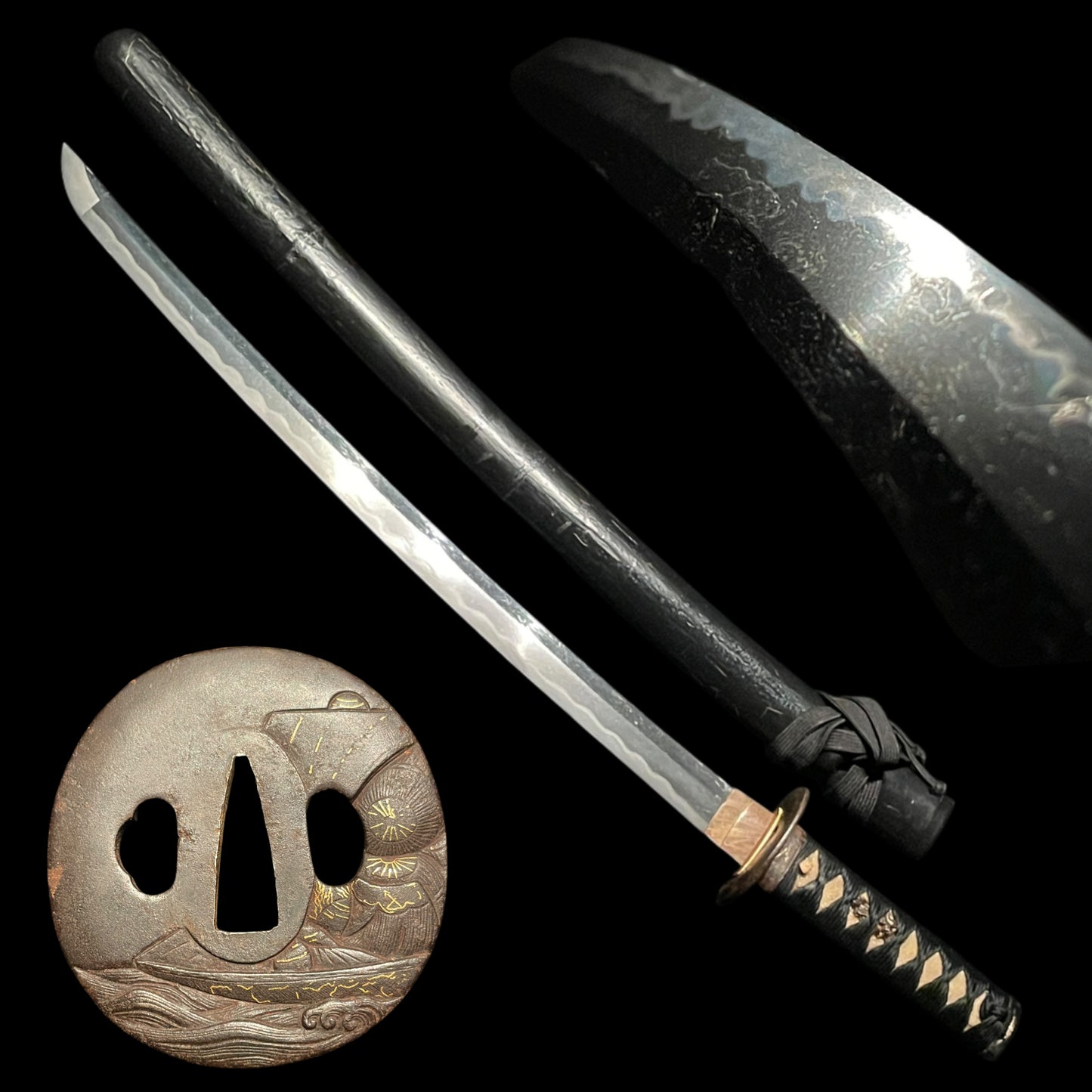 Midareab 乱刃 WAKIZASHI, Takarabune 宝船 TSUBA, Edo period mumei