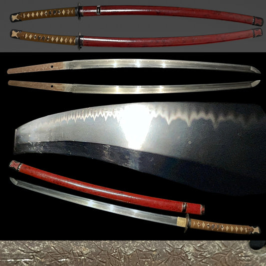 Red Handachi-Koshirae Wakizashi, Noshusekiju Kaneyoshi 濃州関住兼義 signed, Showa period