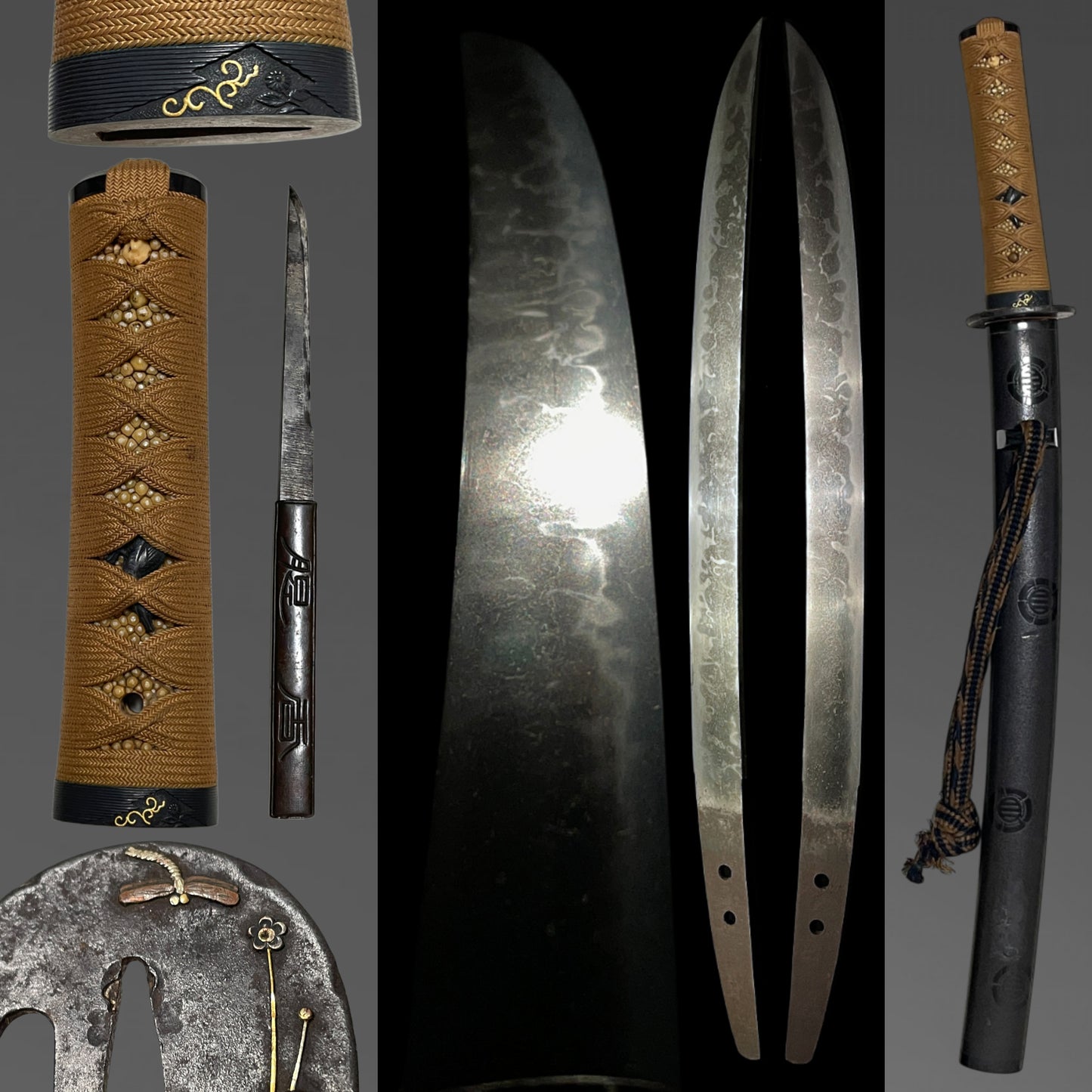 HITATSURA 皆焼 Wakizashi, Dragonfly Tsuba, Family crest Scabbard, Muromachi period mumei