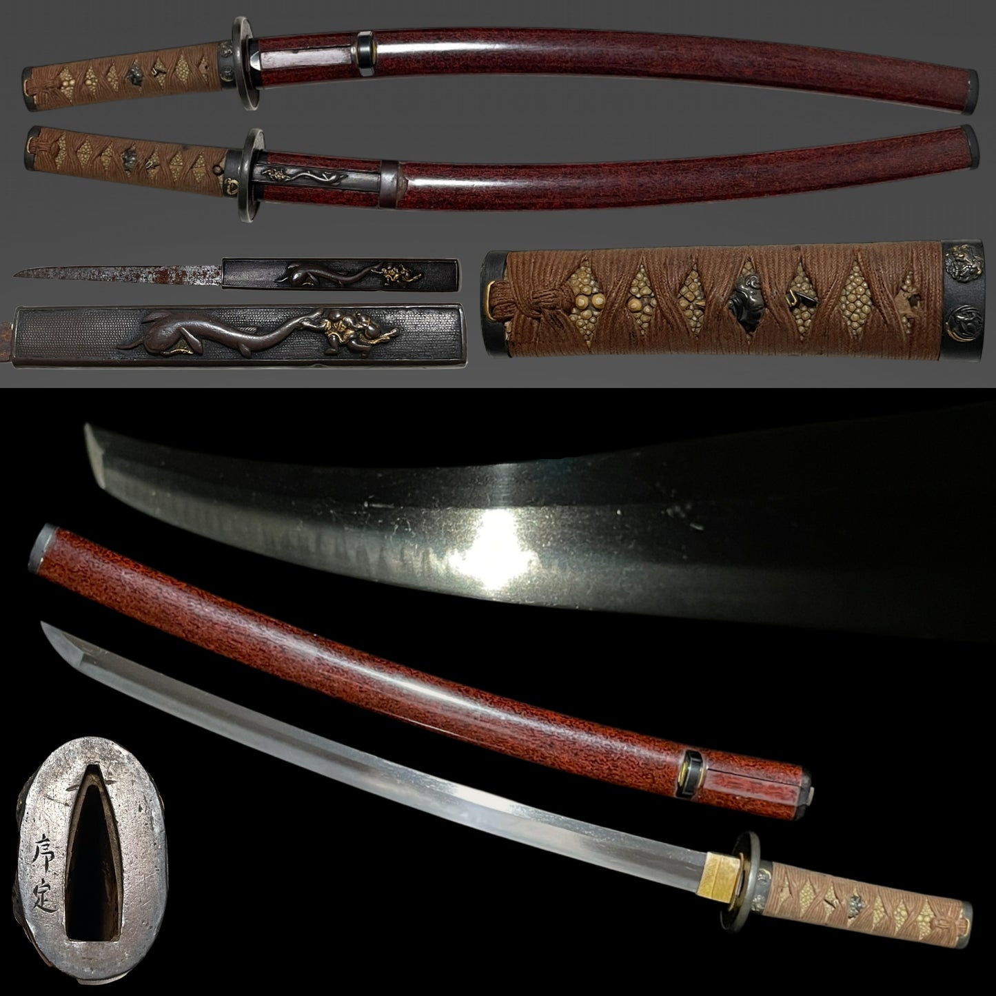 Red Wakizashi Catfish Kozuka,  Tsuda Echizennokami Sukehiro August 1681 signed