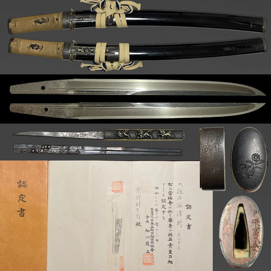 Kiyonori 清則 signed, Kanmuriotoshi 冠落 TANTO, with Kozuka Kogai,  NBTHK Certificate