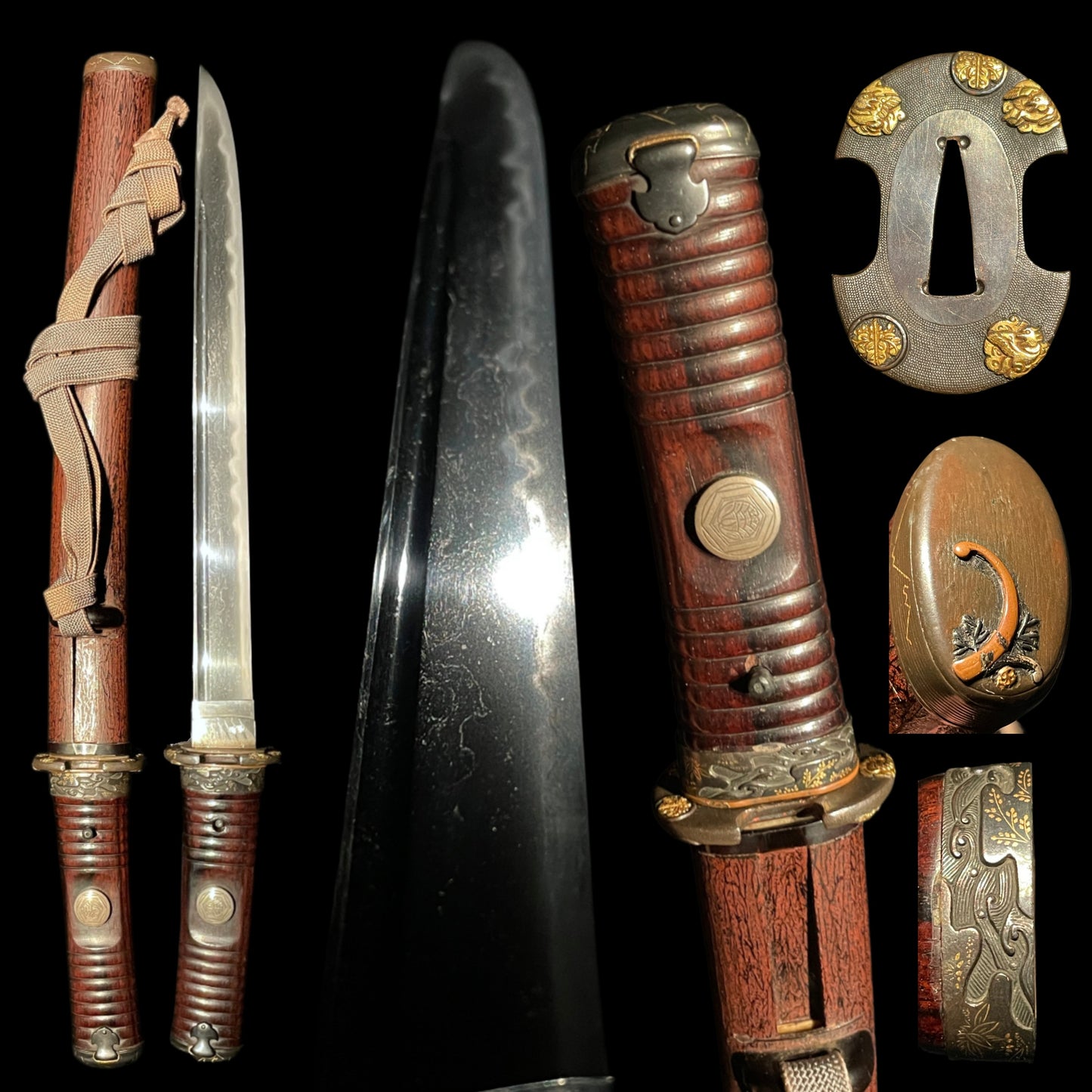 Bizenkoku Tomomitsu 備前國友光 signed TANTO, Yoshioka 吉岡 style Shakudo TSUBA