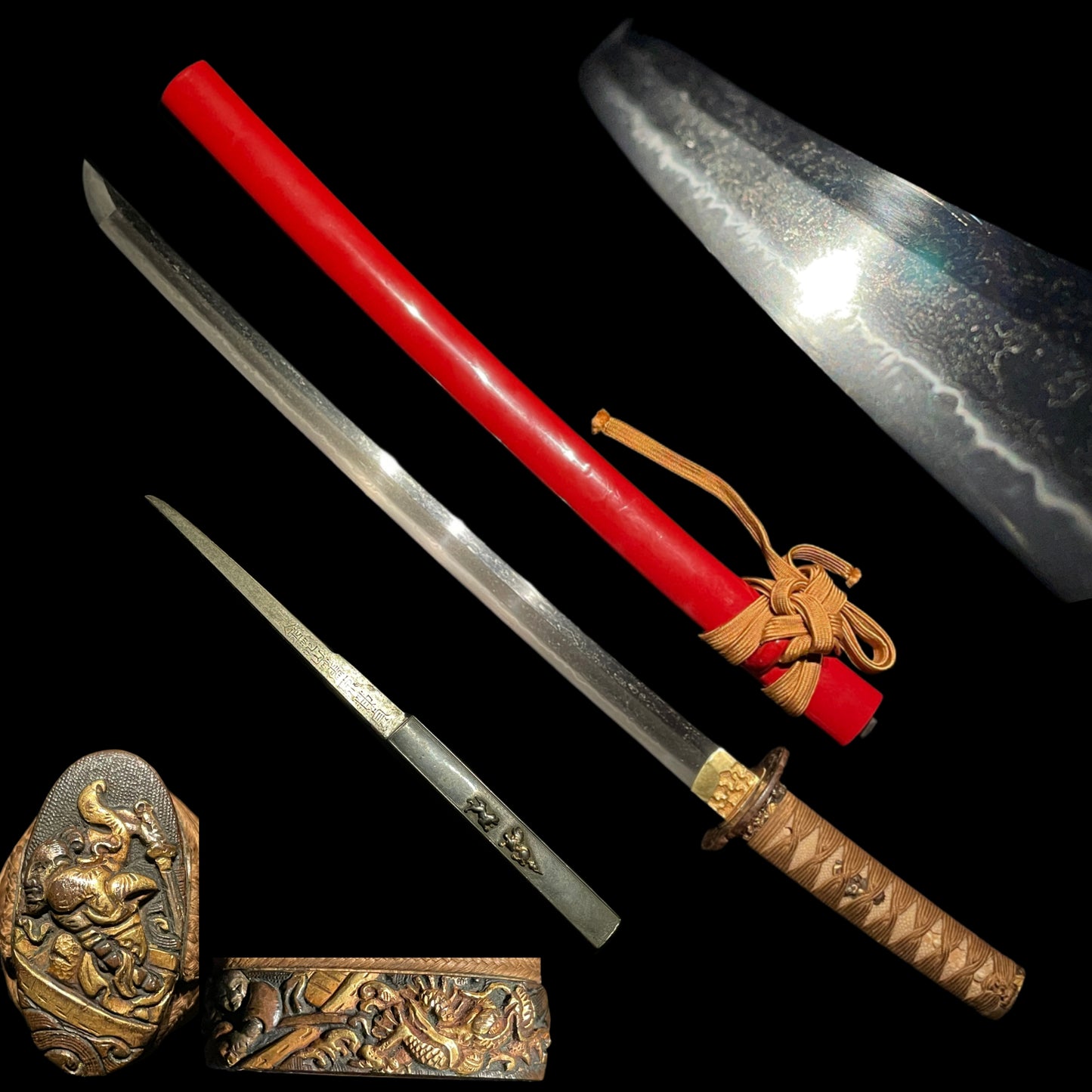 Red WAKIZASHI with Kozuka, 来國 signed, Samurai Fuchikashira