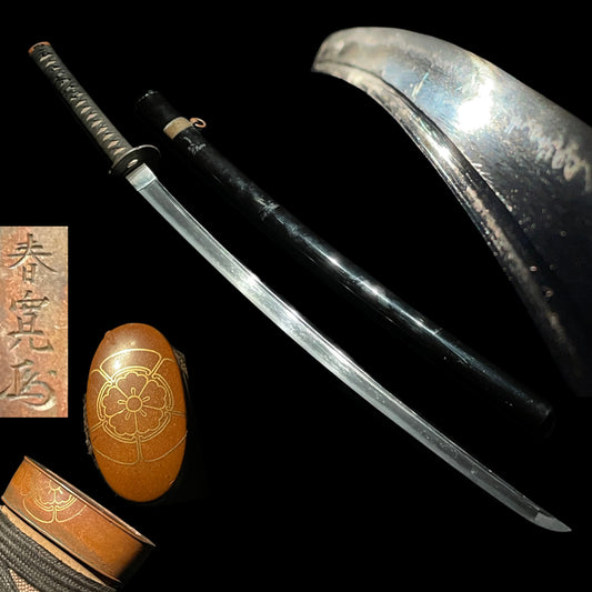 Long KATANA, Haruhiro 春寛 signed Fuchi, Hatajirushi 旗印 Rare Menuki, Heavy Blade