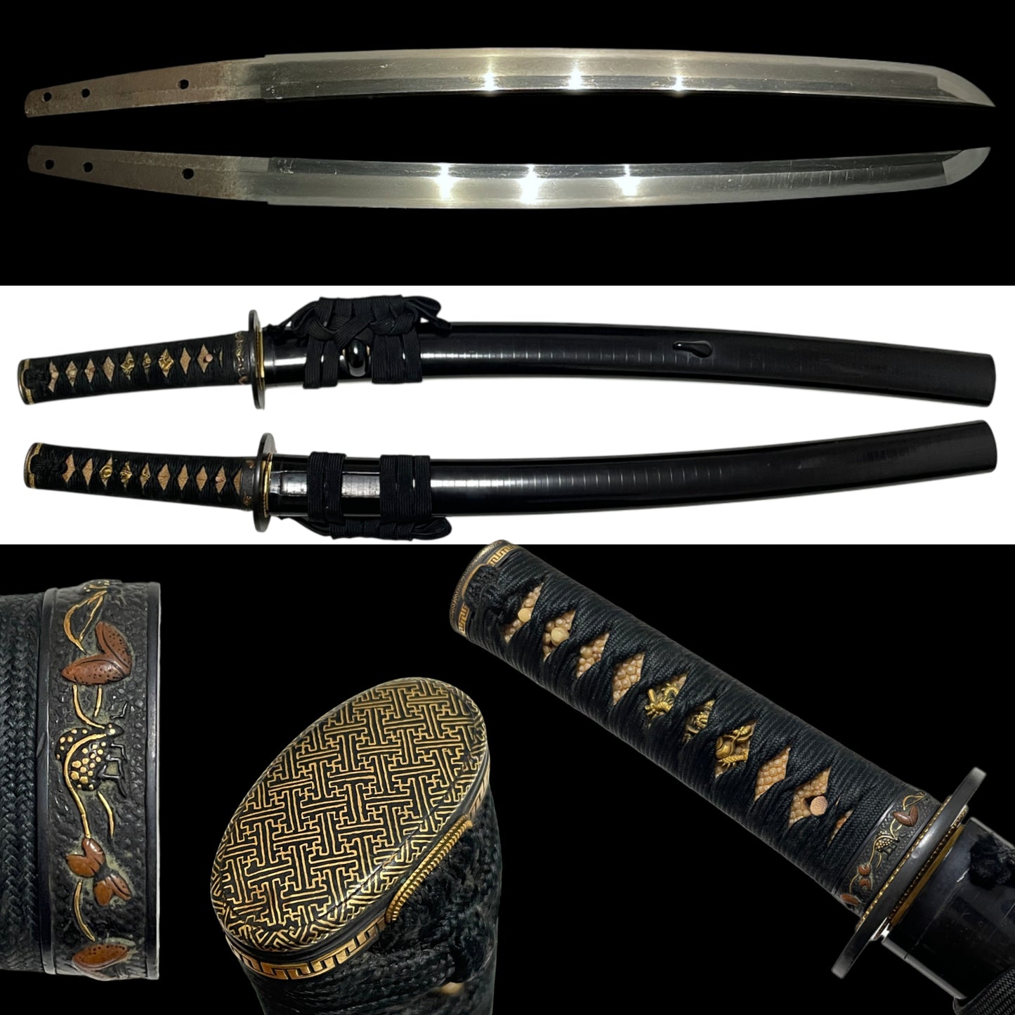 Hou 伯 signed WAKIZASHI, Raimon 雷紋 Kashira, Fuemaki-Zaya 笛巻鞘, Edo period
