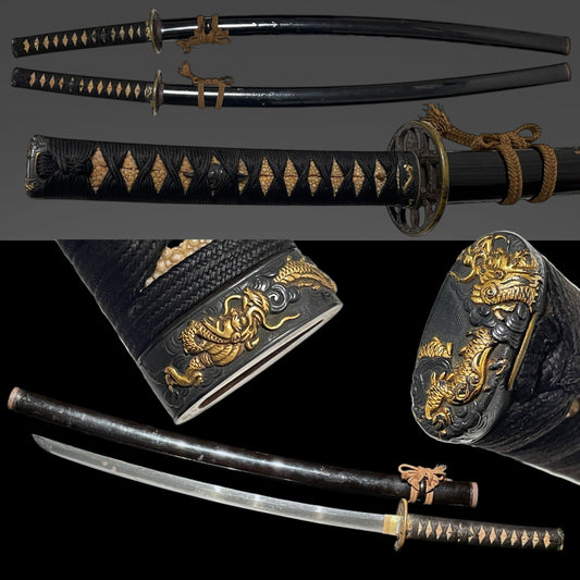 Dragon Fuchikashira, Long Wakizashi, 真鍮散鍔, Muromachi period mumei