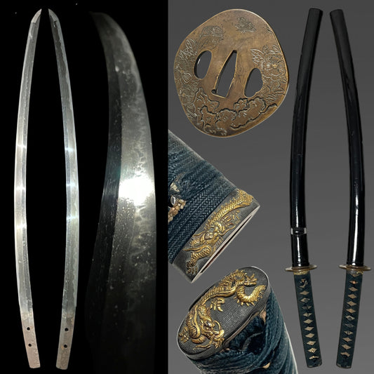 Dragon Fuchikashira, Bishuosa 1470s 備州長 文明二年 signed Long Wakizashi, Brass Tsuba
