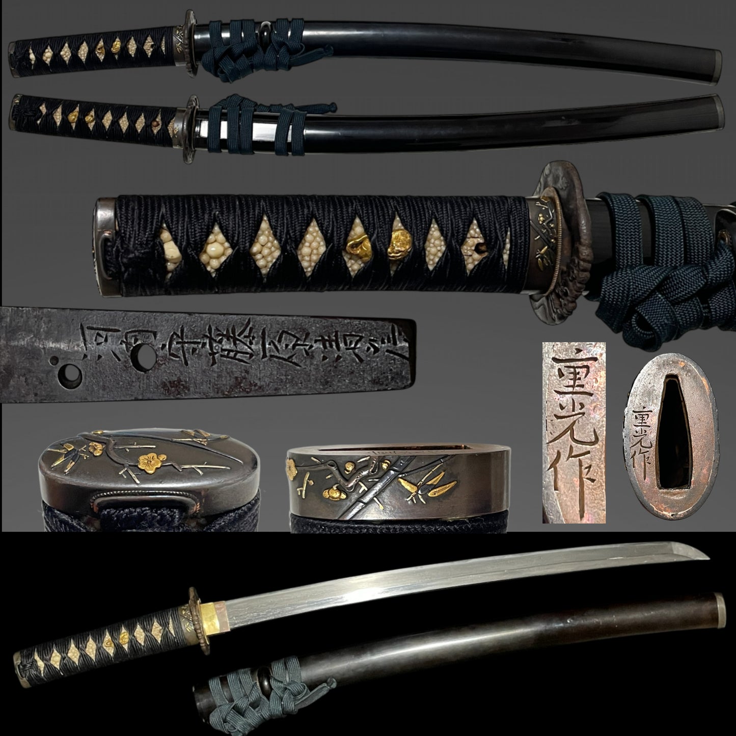 Kawachinokami Kiyofusa 河内守清房 signed WAKIZASHI, Plum Fuchikashira, Masamehada 柾目肌