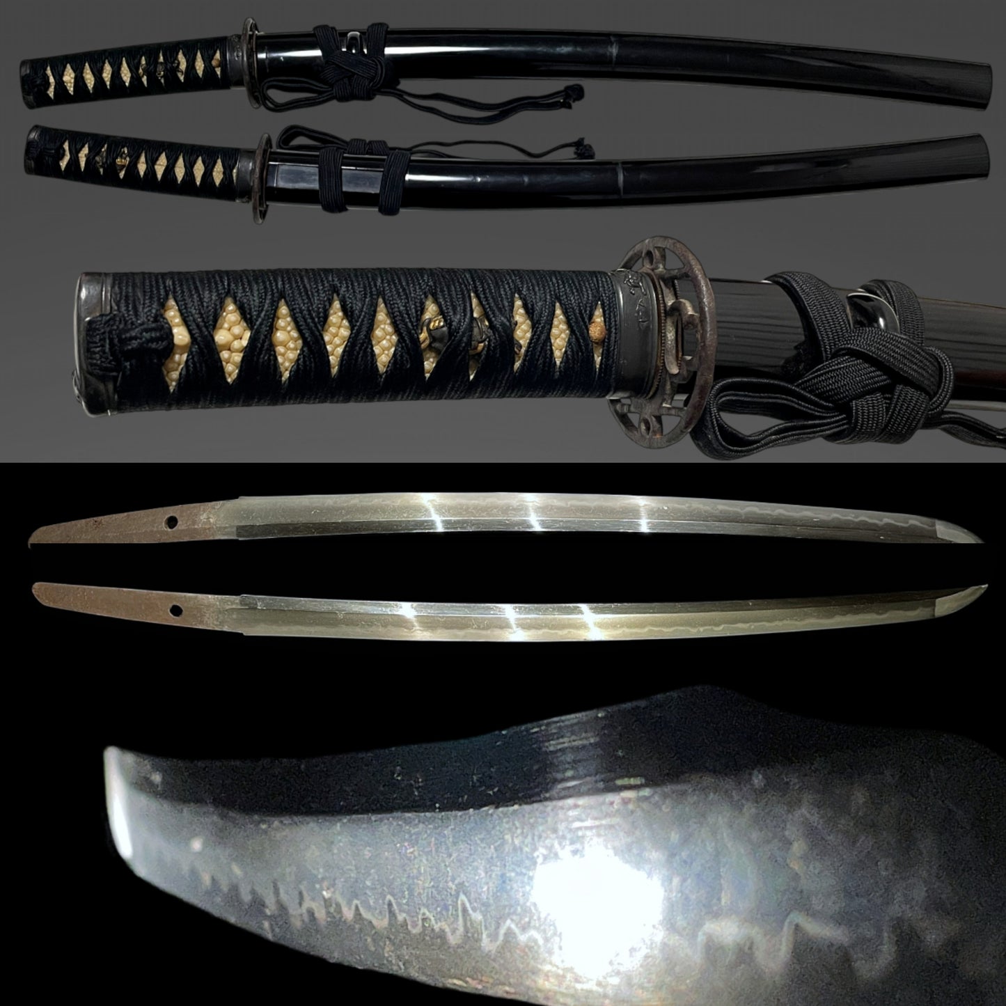 Black Wakizashi, Shakudo Shishi Fuchikashira, Edo period mumei