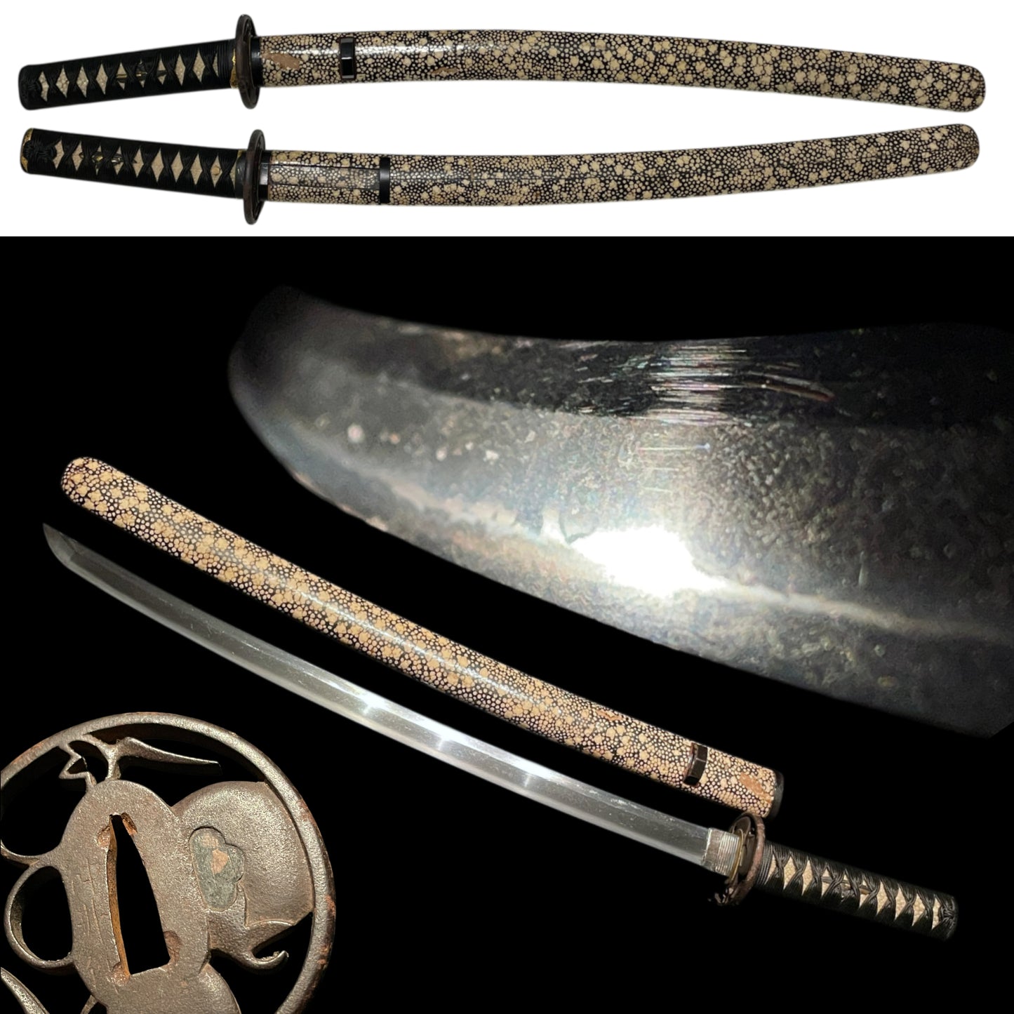 Kairagisaya 梅花皮鞘 Rayskin Scabbard WAKIZASHI, Persimmon Tsuba 柿透鍔, Edo period