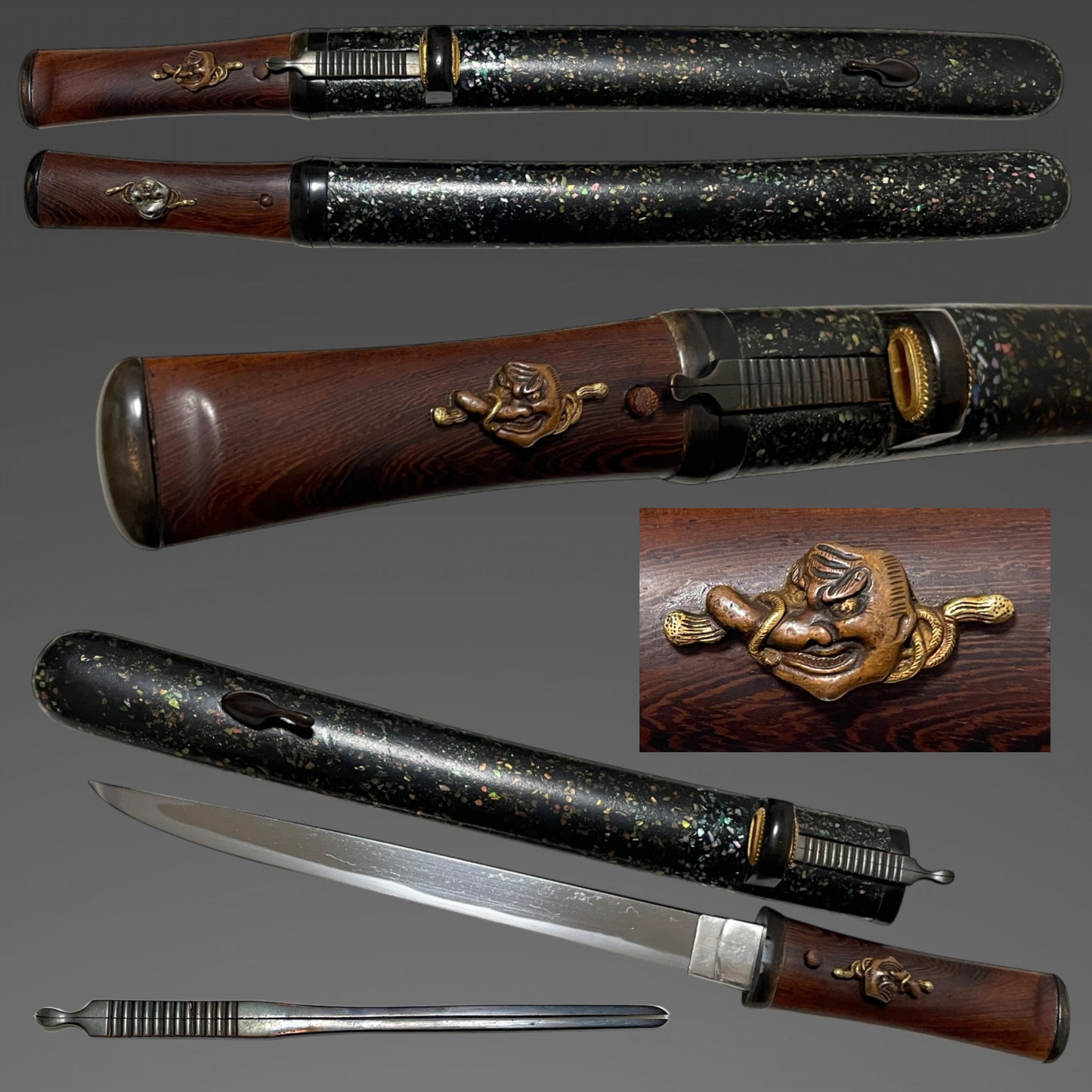 TENGU Menuki 天狗目貫 Aikuchi TANTO, Wari-Kogai and Raden Scabbard, Edo period mumei