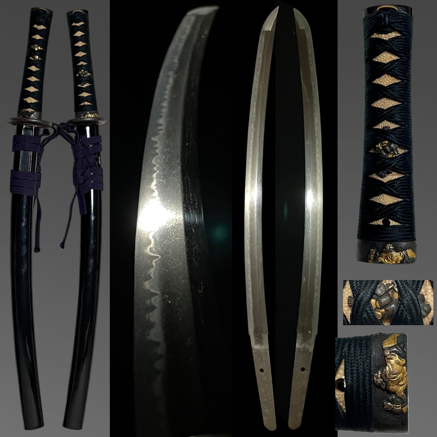 Sanbonsugi-Hamon 三本杉刃文 Wakizashi, Shichifukujin Fittings, Muromachi period mumei