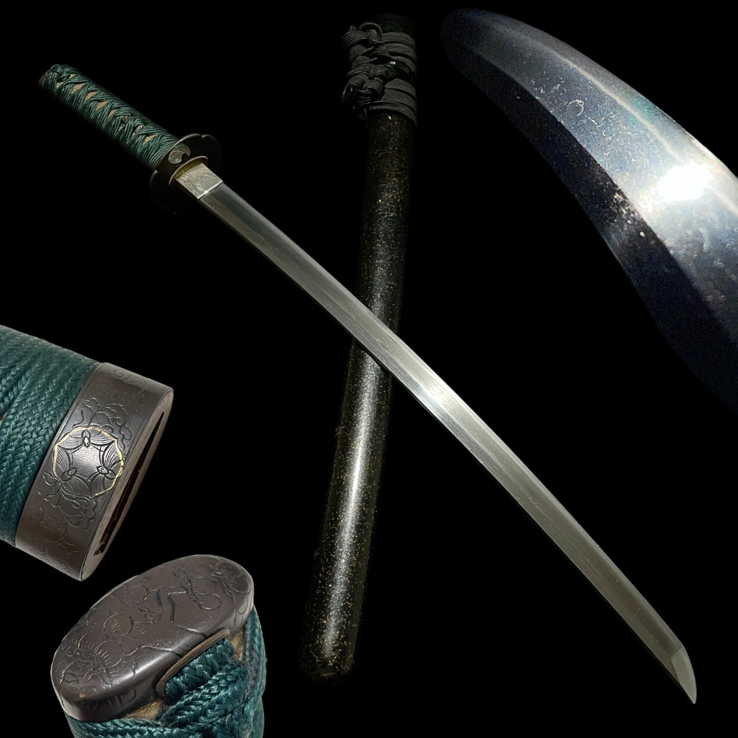 Shibuichi Fuchikashira, Black Wakizashi, Suguha 直刃 Hamon, Edo period mumei
