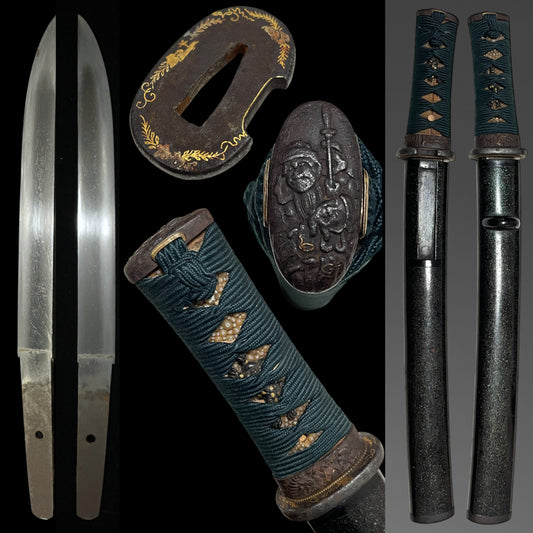 Thick TANTO, Shishi Menuki 獅子目貫, Gold inlay Tsuba, Edo period mumei