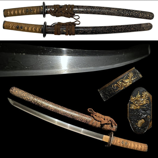 Samesaya-Koshirae 鮫鞘拵 Wakizashi, Oomokumehada, Dragon Fuchikashira, with Kozuka