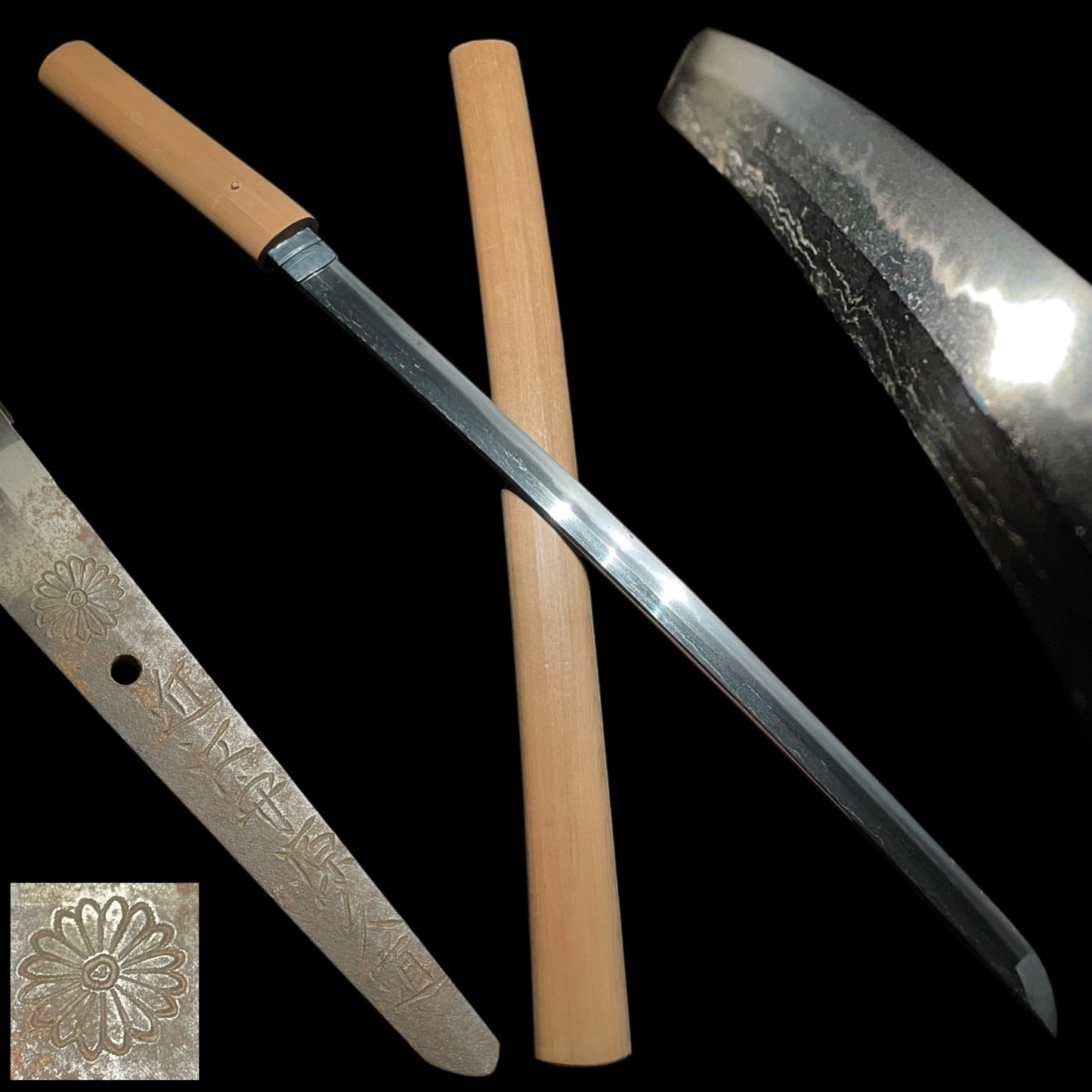 KIKUMON 菊紋 Chrysanthemum crest Long WAKIZASHI,  Ominokami Hisamichi 近江守久道 signed