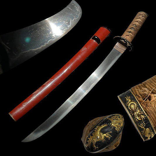 Red ONIBOCHO Danbira, WIDE WAKIZASHI, Dragon Fuchikashira, Edo period mumei