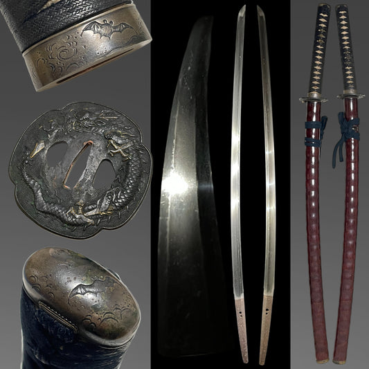 Red Long KATANA, Bat Fuchikashira, Dragon Tsuba, Inrokizami-Saya 印籠刻鞘, Edo period mumei