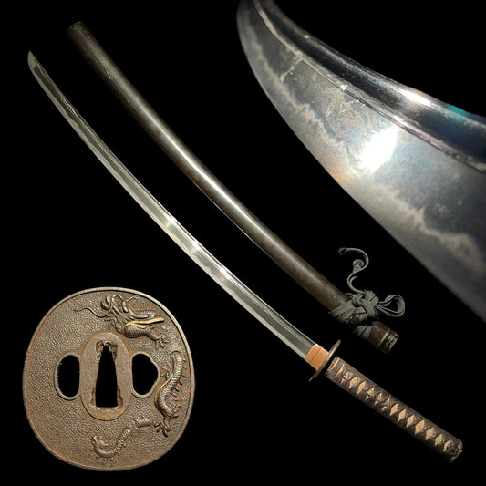 Long KATANA Wide and Thick Bo-hi 棒樋 blade, Dragon Tsuba, Edo period mumei