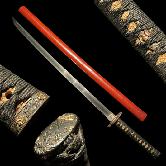 Straight Blade RED KATANA, Flower Fuchikashira, Edo period mumei
