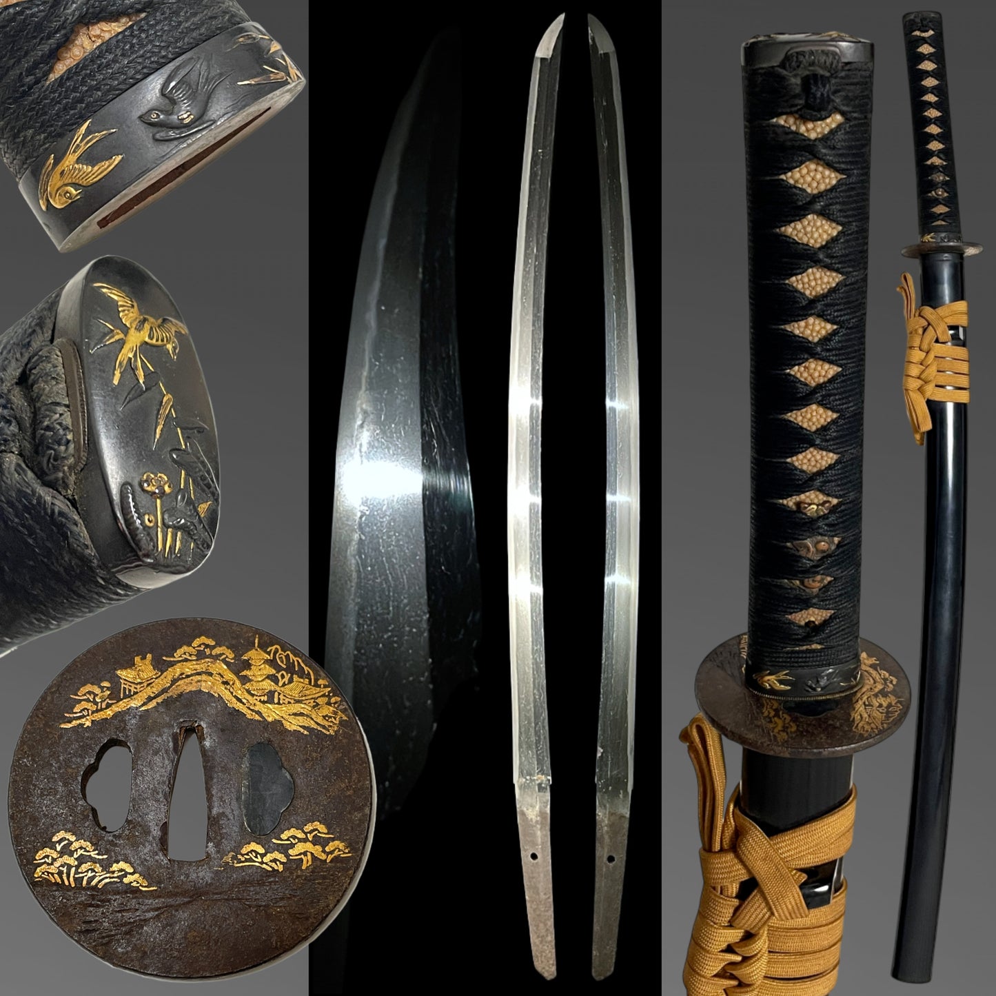 Long Wakizashi with Shakudo Bird Fuchikashira and Gold inaly Tsuba, Edo period mumei