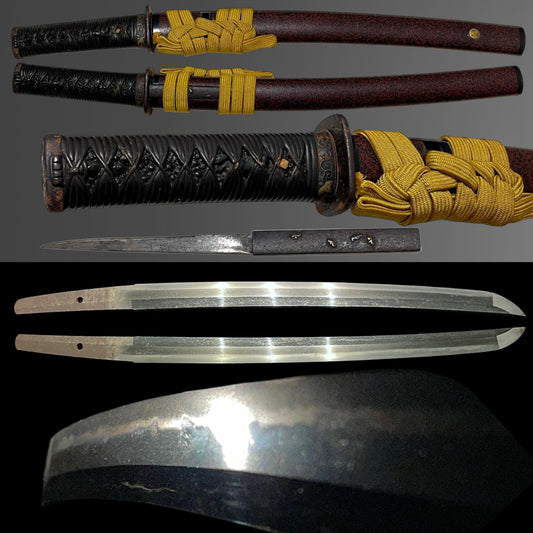 Red Wakizashi with Kozuka, Shakudo Horse Menuki, Aoimon 葵紋 Scabbard, Edo period