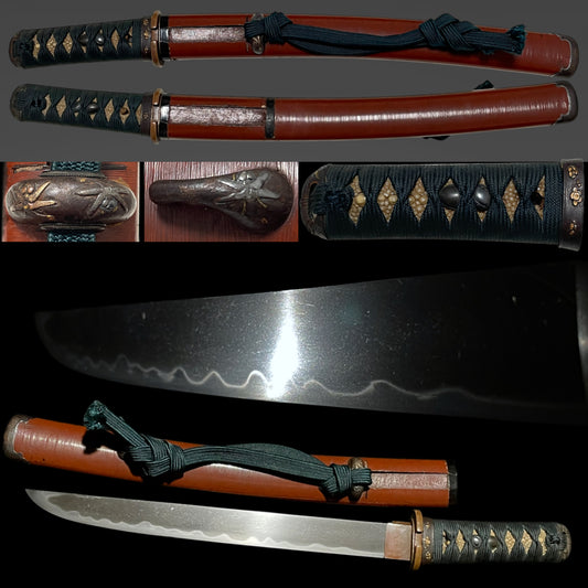 Dragonfly Fittings Red TANTO,  Hokinokami Fujiwara Nobutaka 伯耆守藤原信高 signed, Edo period