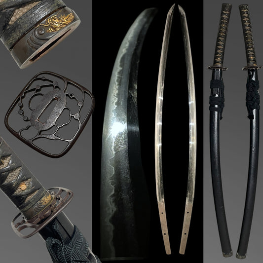 Yukinori 行則 signed KATANA, Dragon Fuchi and Menuki, Ninja style square Tsuba, Muromachi period