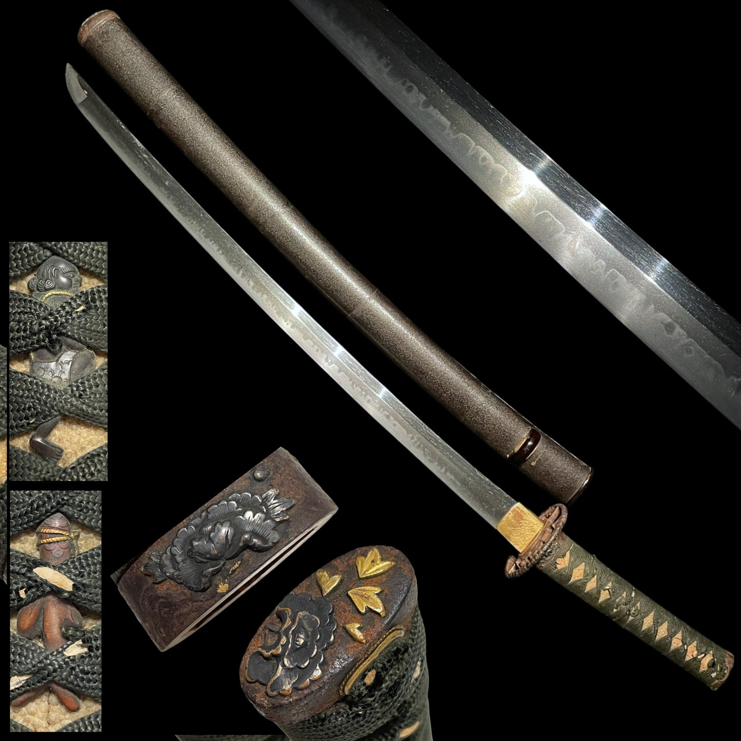 Amazing Hamon Wakizashi, Interesting Menuki, Peony Fuchikashira, Edo period mumei