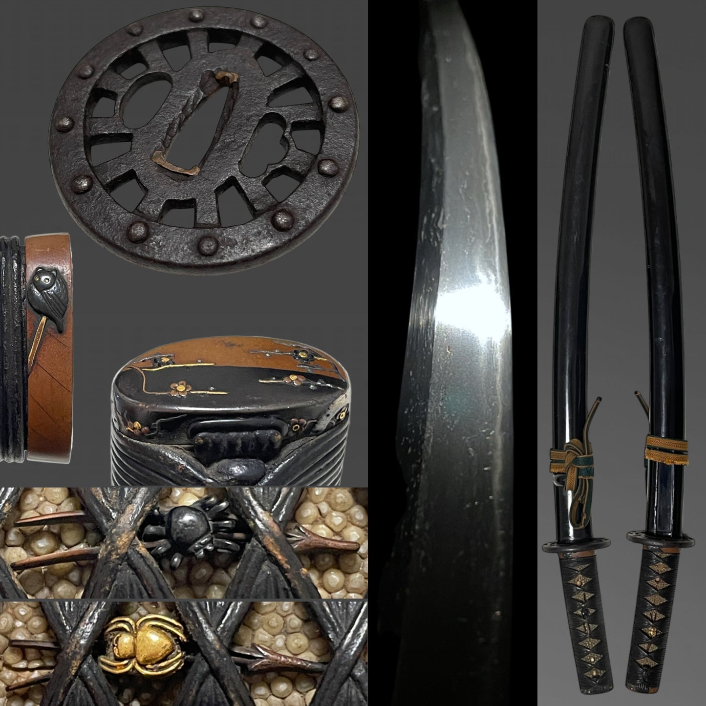 High-grade Fittings WAKIZASHI, Spider Menuki, Owl Fuchi, Edo period mumei
