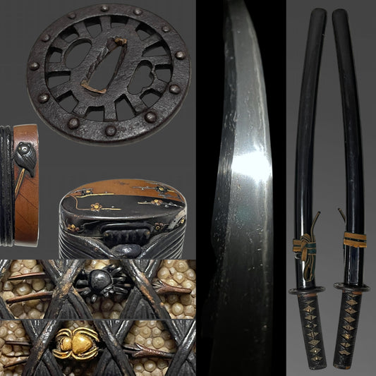 High-grade Fittings WAKIZASHI, Spider Menuki, Owl Fuchi, Edo period mumei